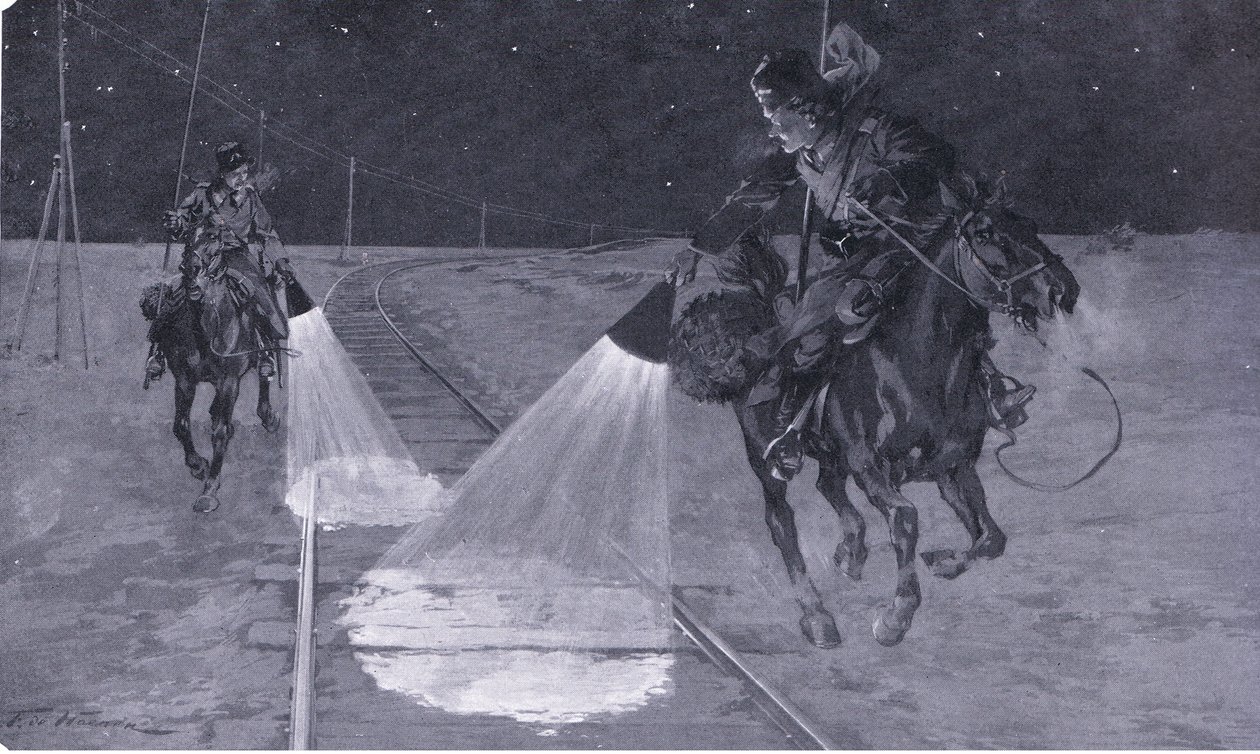 在满洲铁路上：夜间巡逻，插图来自Cassells日俄战争的历史第1卷，c.1900 作者 乔治·索珀