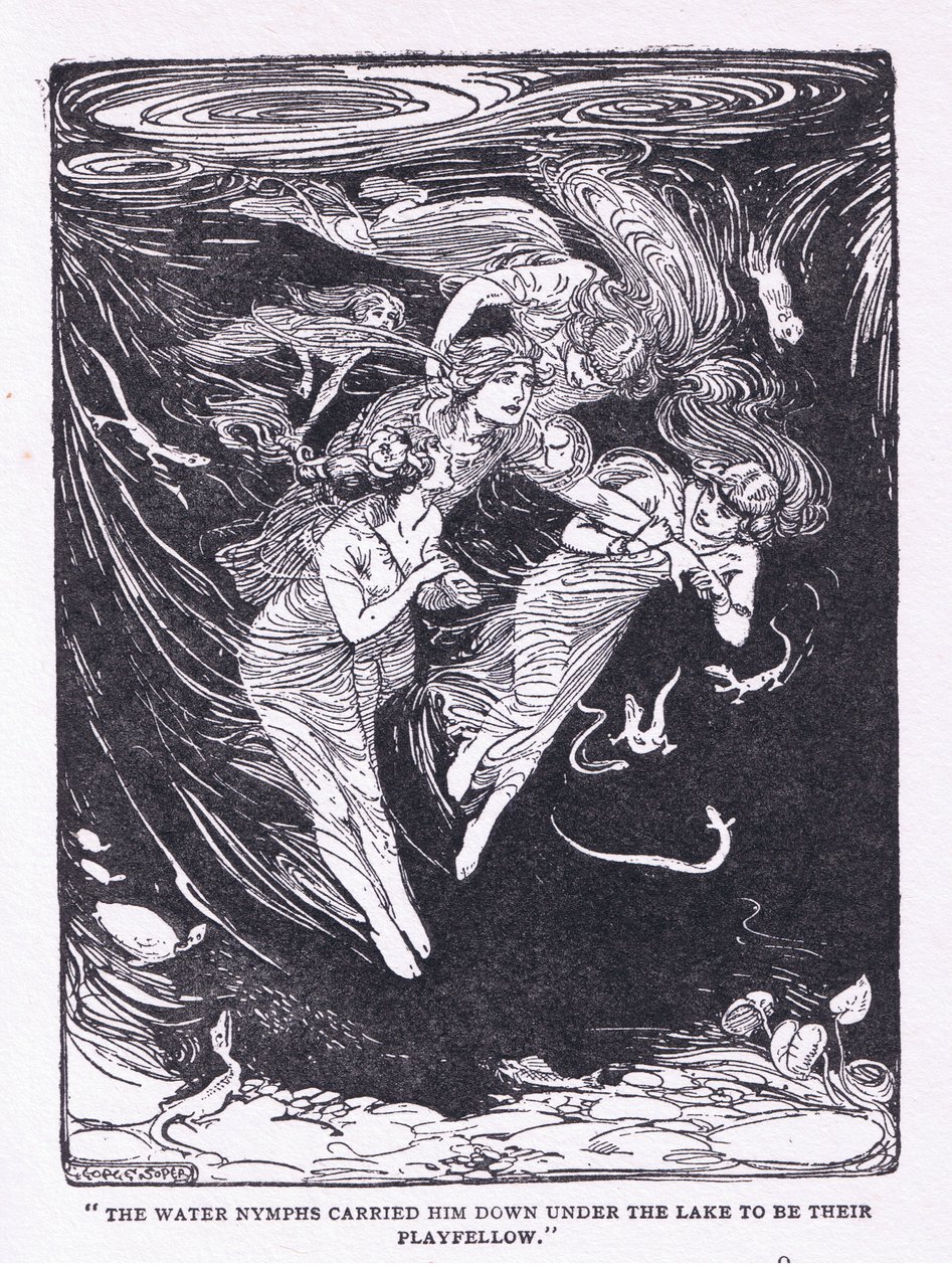 水上仙女把他带到了湖边的玩伴那里，摘自《英雄》，由George Allen and Unwin 1929年出版（石印）。 作者 乔治·索珀
