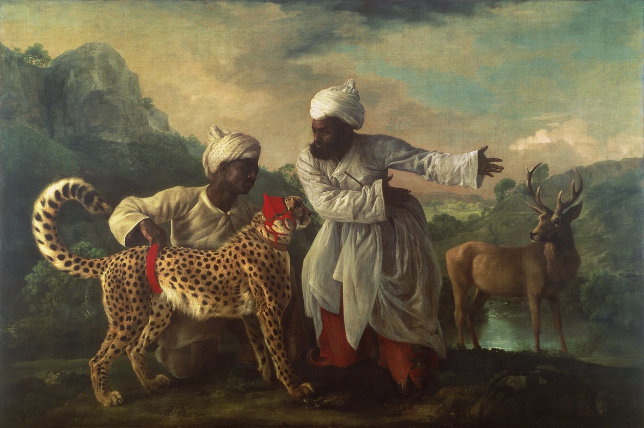 猎豹和雄鹿与两个印第安人，约 1765 年（布面油画） 作者 乔治·斯塔布斯
