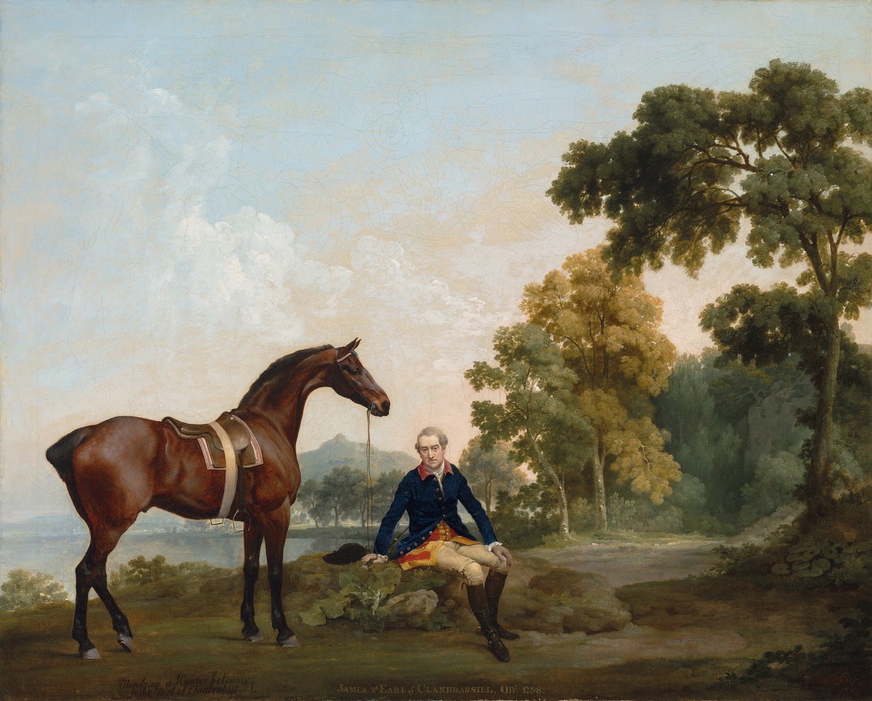 詹姆斯·汉密尔顿（Chambrassil的第二伯爵（1730-1798））和他的海湾猎人莫布雷（Mowbray）一起在湖边的树木繁茂的小路上休息 作者 乔治·斯塔布斯