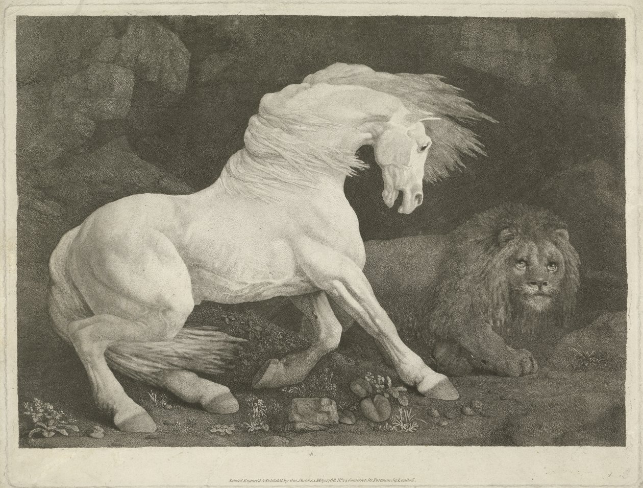 1770年的马与狮子（mezzotint） 作者 乔治·汤利·斯塔布斯