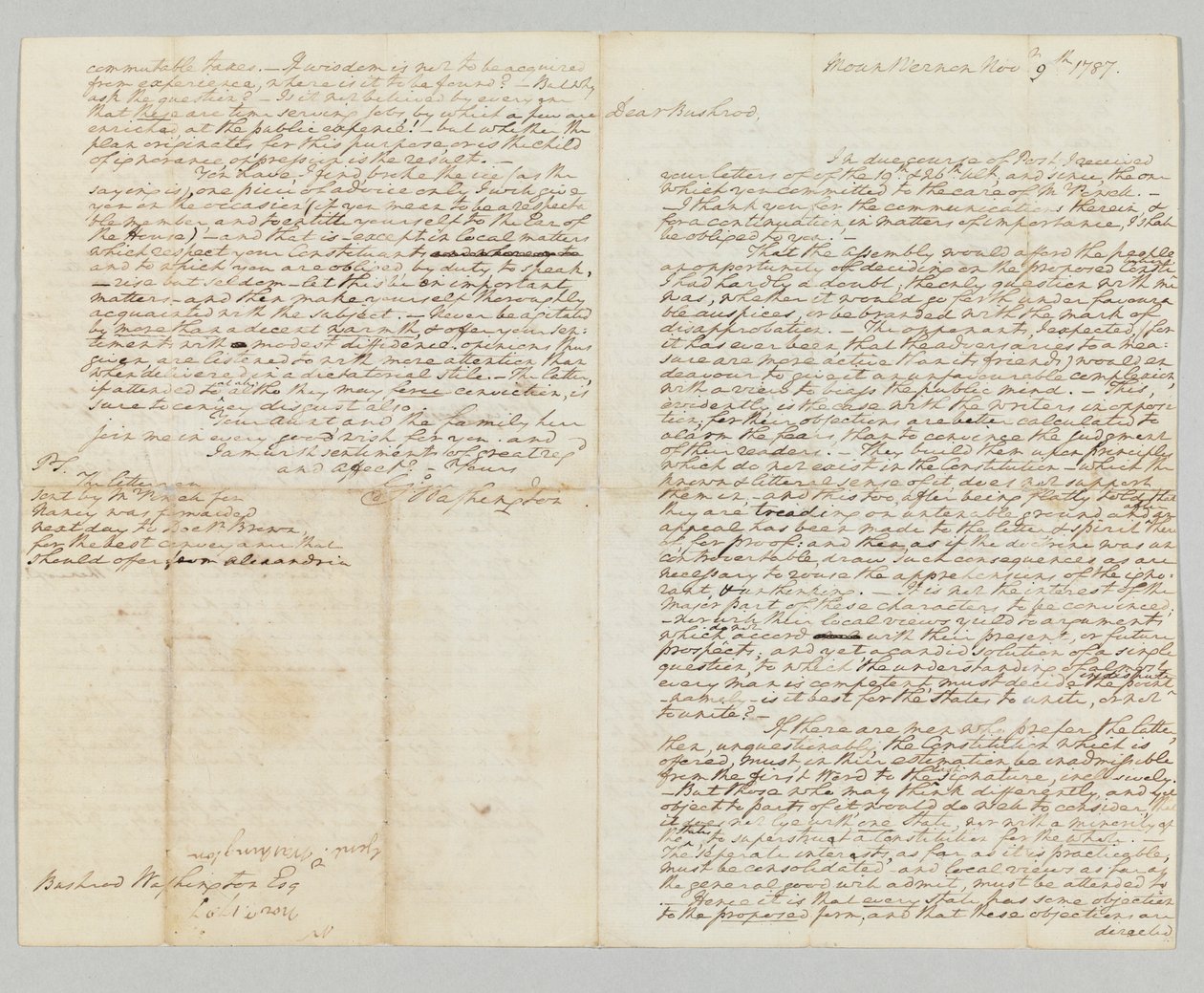 1787年给布什罗德·华盛顿的亲笔签名信上写道：“宪法赋予的权力永远与人民同在”（钢笔和纸本）（另见490373） 作者 乔治·华盛顿