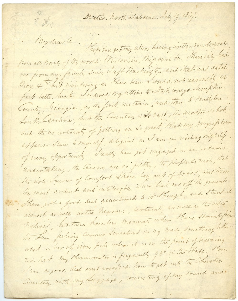 不完整的信件[G.W. Featherstonhaugh]，北卡罗来纳州迪凯特，给Abert上校[John James Abert]，1837年7月19日 作者 乔治·威廉·费瑟斯顿豪