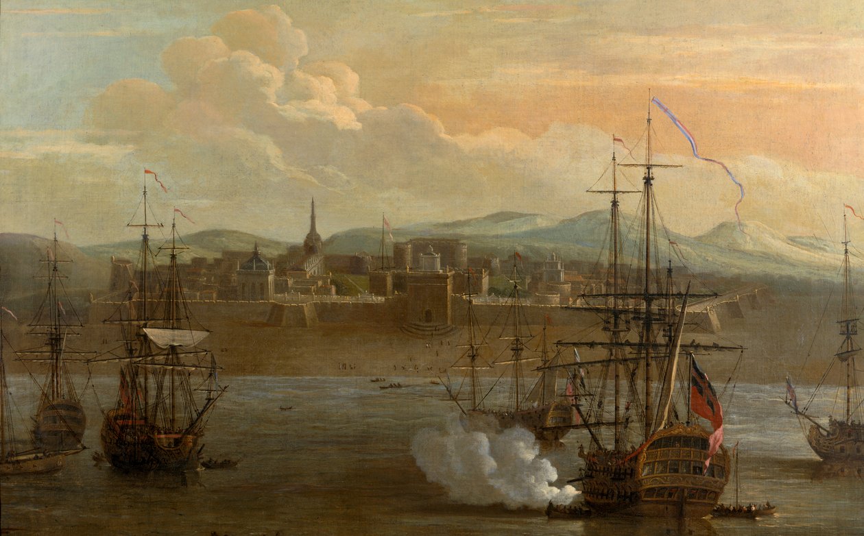印度马德拉斯圣乔治堡的油画。1731 年。军事要塞和港口船只。船上的大炮正在开火。烟雾。战斗。 作者 乔治和斯科特塞缪尔 (1710 72) 兰伯特