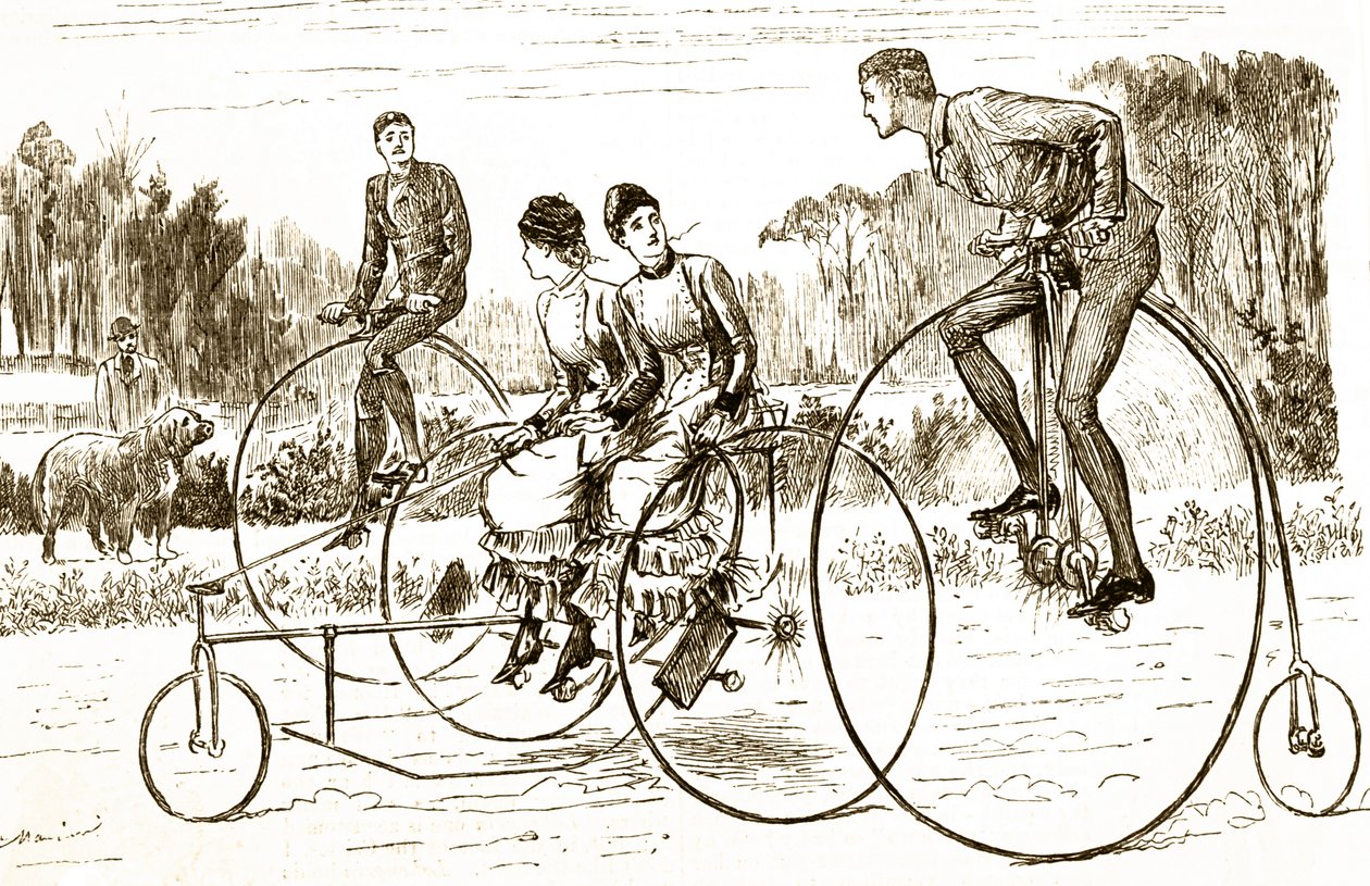 一幅描绘一群年轻人骑三轮车的漫画。插图：乔治-杜穆里埃（1834-1896），法英两国的漫画家和作家 作者 乔治·杜莫里耶