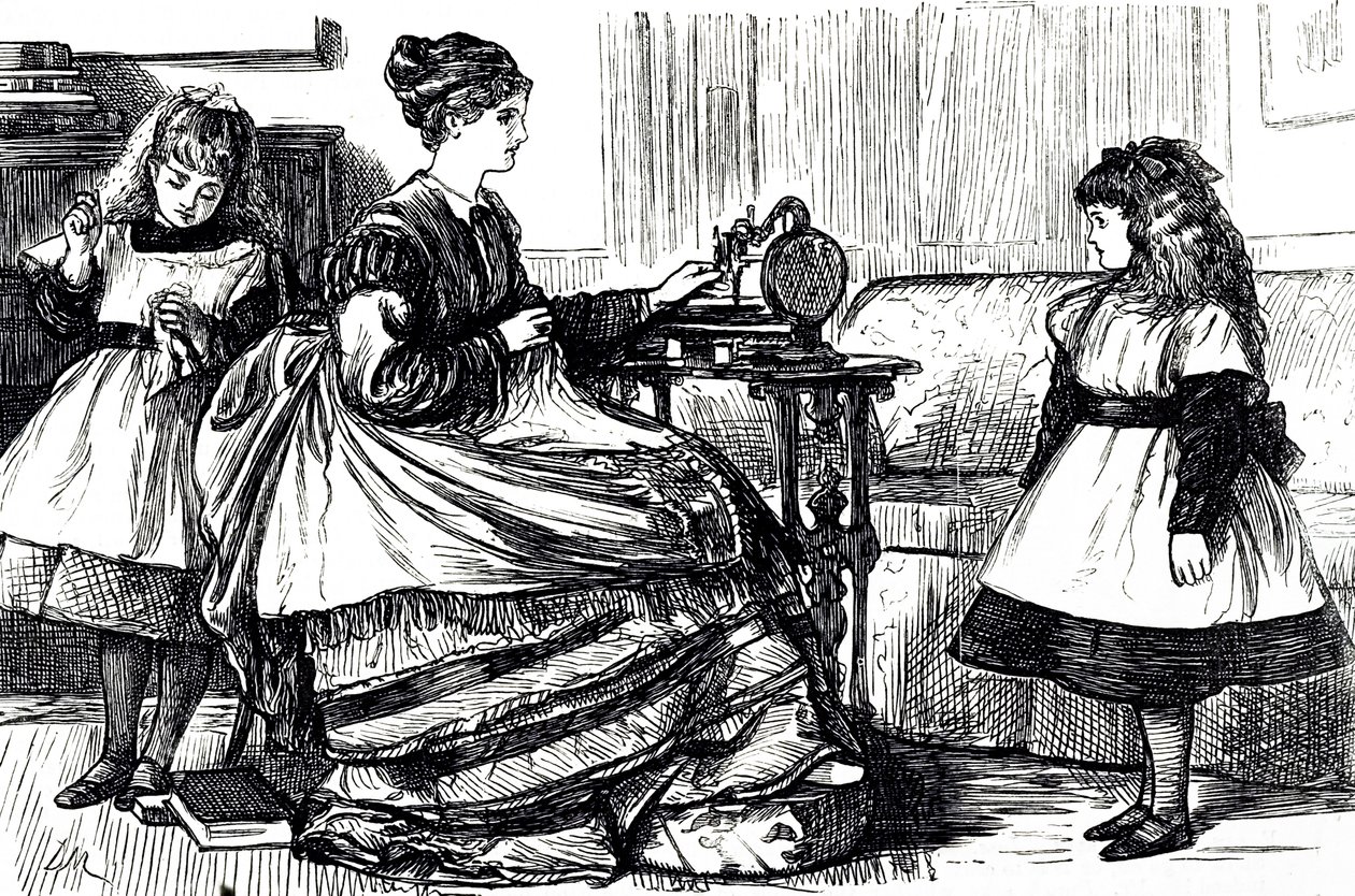 A cartoon depicting a young mother using a sewing machine. Illustrated by George du Maurier (1834-1896) a Franco-British cartoonist and author 作者 乔治·杜莫里耶