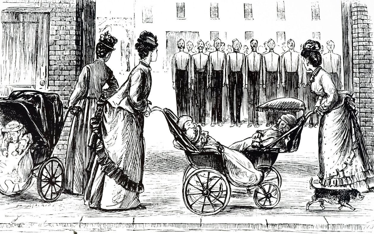 An engraving depicting nursemaids wheeling children in perambulations. Illustrated by George du Maurier (1834-1896) a Franco-British cartoonist and author 作者 乔治·杜莫里耶