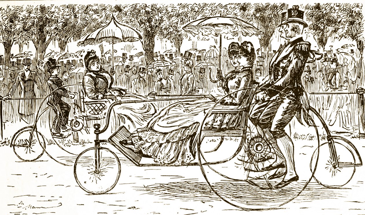 An engraving depicting passengers riding in bicycle carriages. Illustrated by George du Maurier (1834-1896) a Franco-British cartoonist and author 作者 乔治·杜莫里耶