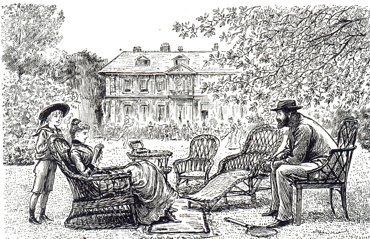 描绘典型柳条制作家具的版画。 George du Maurier (1834-1896) 是法英漫画家和作家的插图 作者 乔治·杜莫里耶