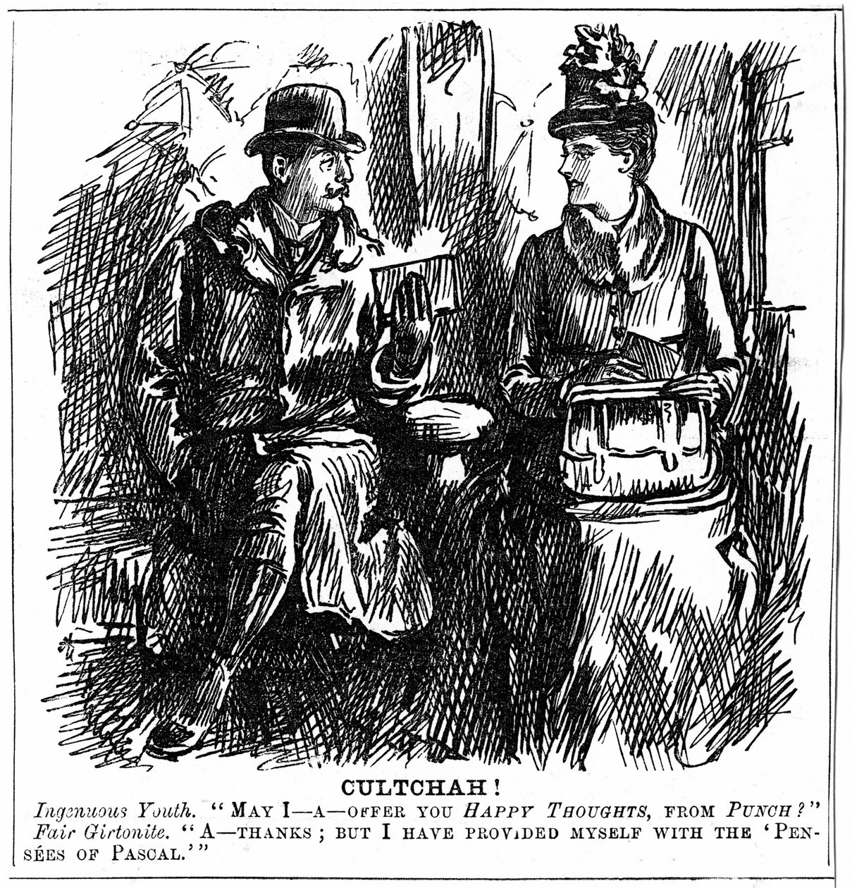 Benefits of university education for women. George du Maurier cartoon from Punch London 8 December 1887. Young man in railway carriage offers graduate of Girton, Cambridge, some light reading for the journey. She gracefully declines as she has equipped her 作者 乔治·杜莫里耶