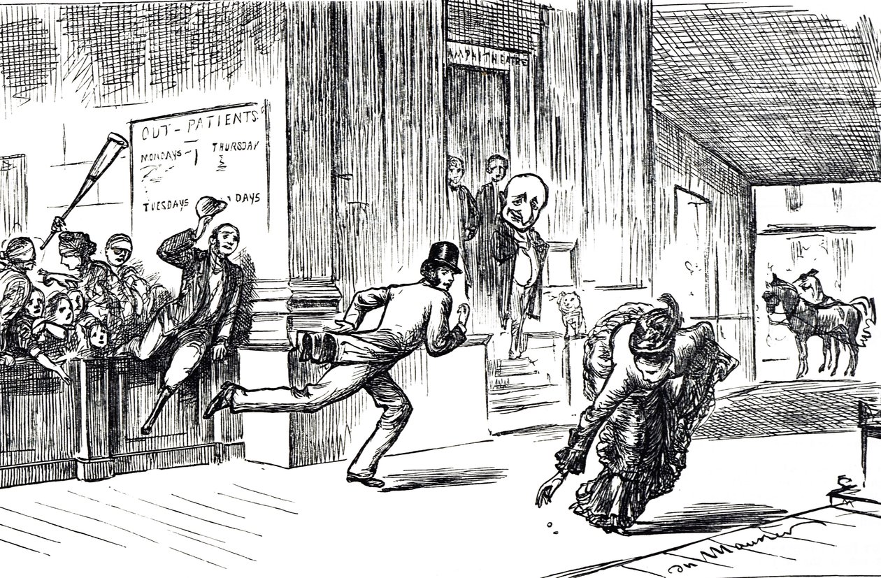 Cartoon depicting Doctor Meilanion Jones, finding himself outstripped in the race for patients by the fair Doctress Atlanta Robinson 作者 乔治·杜莫里耶