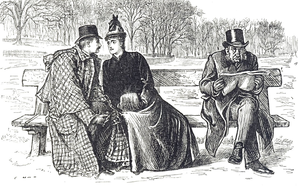 Cartoon depicting a couple exchanging endearments on the park bench, whilst the man next to them looks on with disapproval 作者 乔治·杜莫里耶