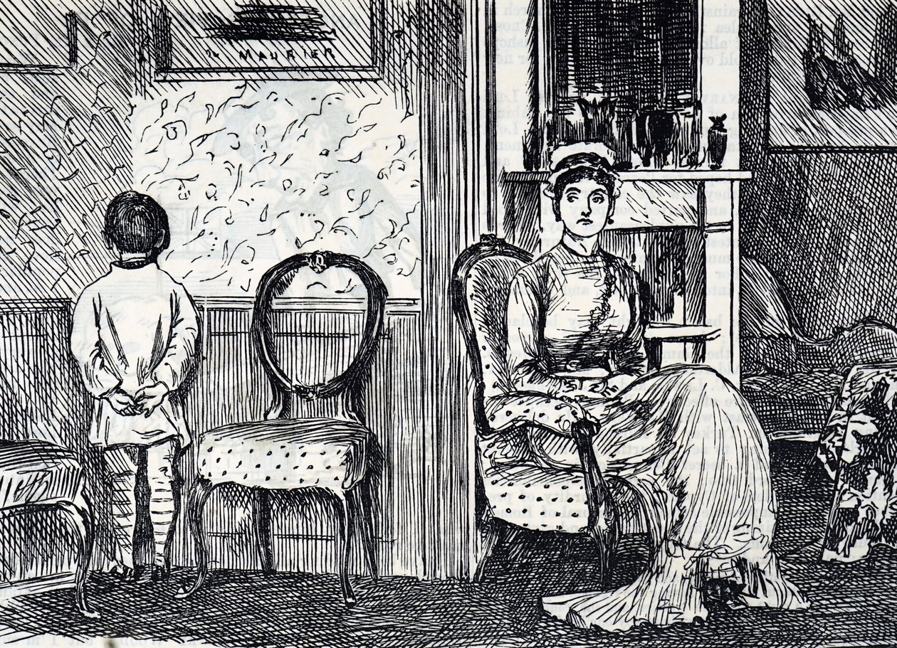 Cartoon depicting a mother punishing her son by making him stand facing the wall 作者 乔治·杜莫里耶