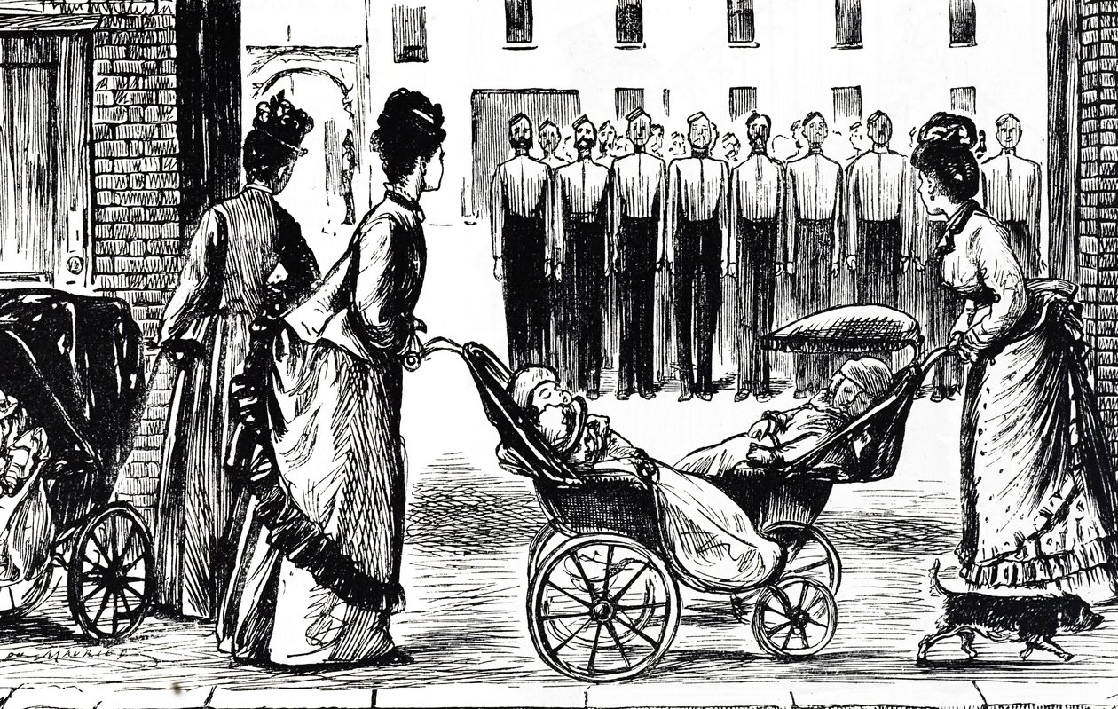 Cartoon depicting nursemaids wheeling their carriages past the barracks 作者 乔治·杜莫里耶
