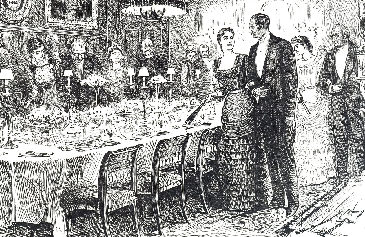 Cartoon titled "Going into Dinner" depicting a young couple entering a dinning room 作者 乔治·杜莫里耶