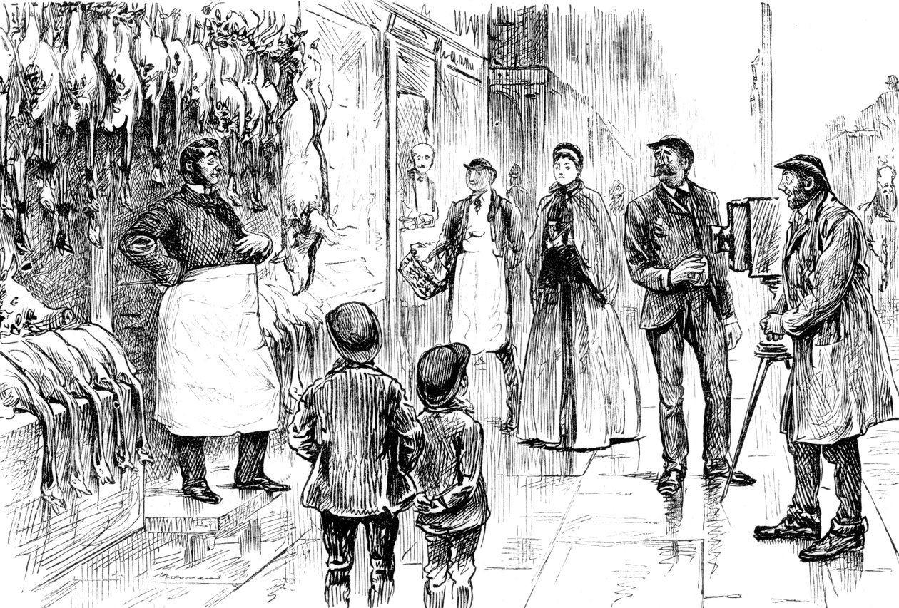Engraving depicting a butcher and poulterer being photographed in front of his Christmas display by George du Maurier. George du Maurier (1834-1896) a Franco-British cartoonist and author. Dated 19th Century ©UIG/Leemage 作者 乔治·杜莫里耶