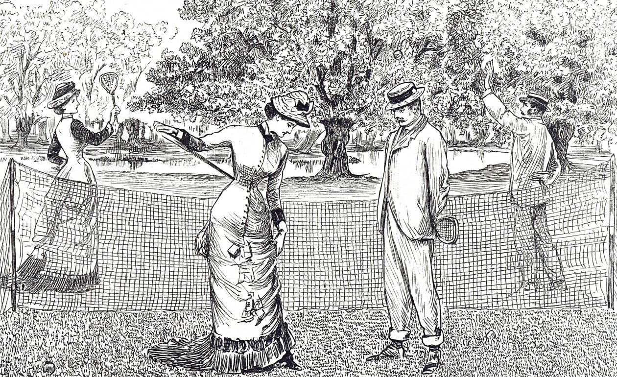 Engraving depicting a female tennis player in discomfort because of her new rubber shoes 作者 乔治·杜莫里耶