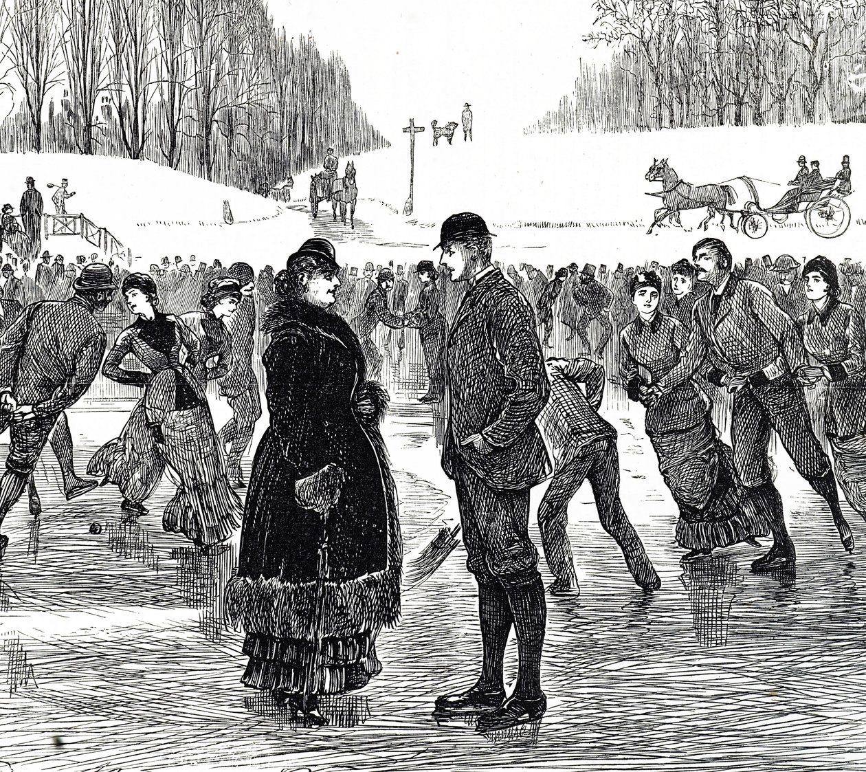 Engraving depicting a middle-aged couple ice skating 作者 乔治·杜莫里耶