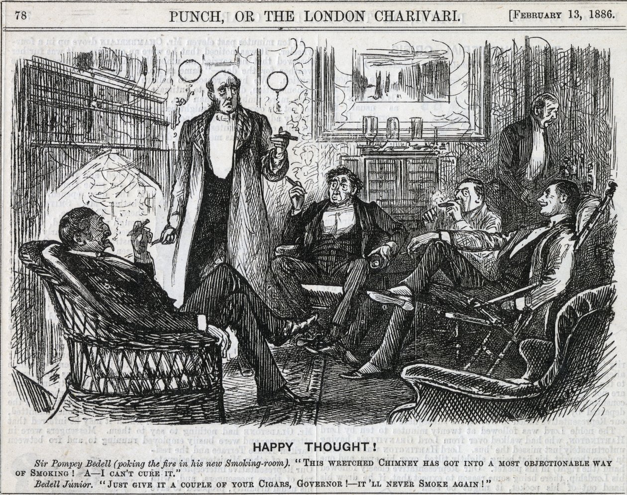 Gentlemen gathered in the smoking room smoking their after dinner cigars. George du Maurier cartoon from 