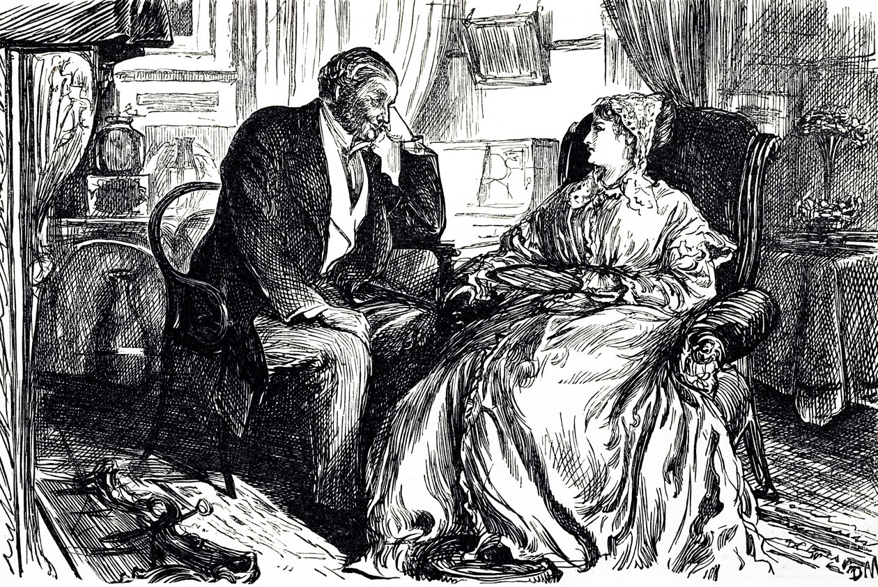 Georges du Maurier cartoon illustrating a man and woman in conversation about the calming benefits of cod liver oil. England 1869 作者 乔治·杜莫里耶