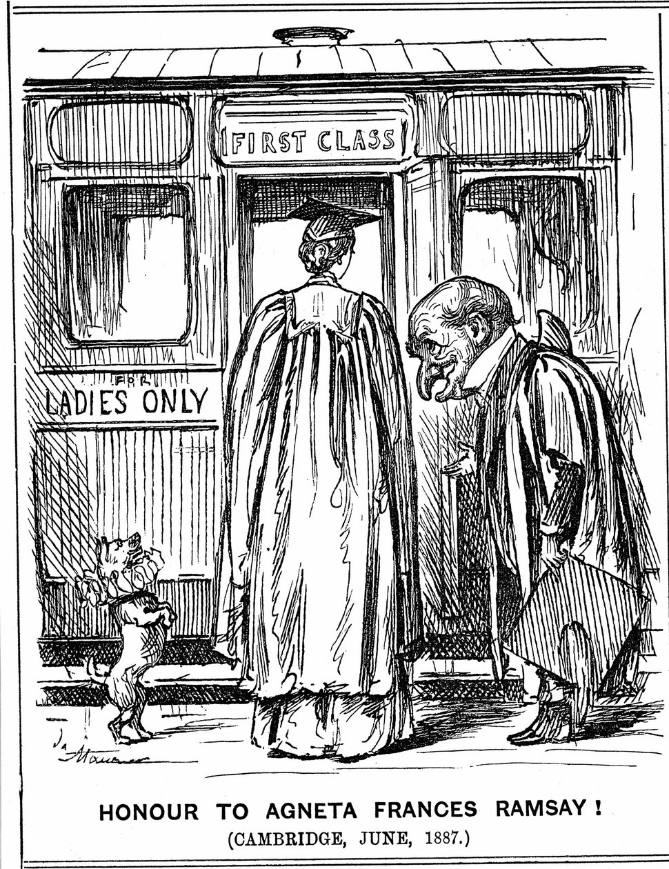 Mr Punch bows to Agneta Frances Ramsay who sat, and passed with First Class Honours, the papers set, but could not receive a degree as Cambridge did not award them to women at this time. George du Maurier cartoon from Punch, London, 2 July 1887. Engraving 作者 乔治·杜莫里耶