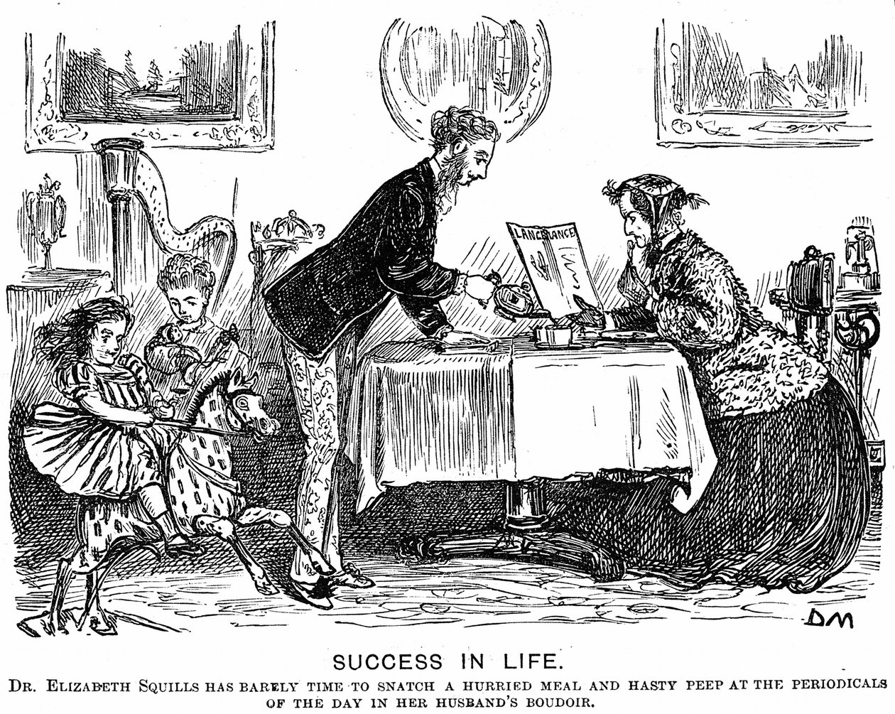 Success in Life: Role reversal and the modern professional woman. George du Maurier cartoon for Punch Almanack for 1867. In 1865 Elizabeth Garrett Anderson (1836-1917) was licensed to practice by the Society of Apothecaries. 作者 乔治·杜莫里耶