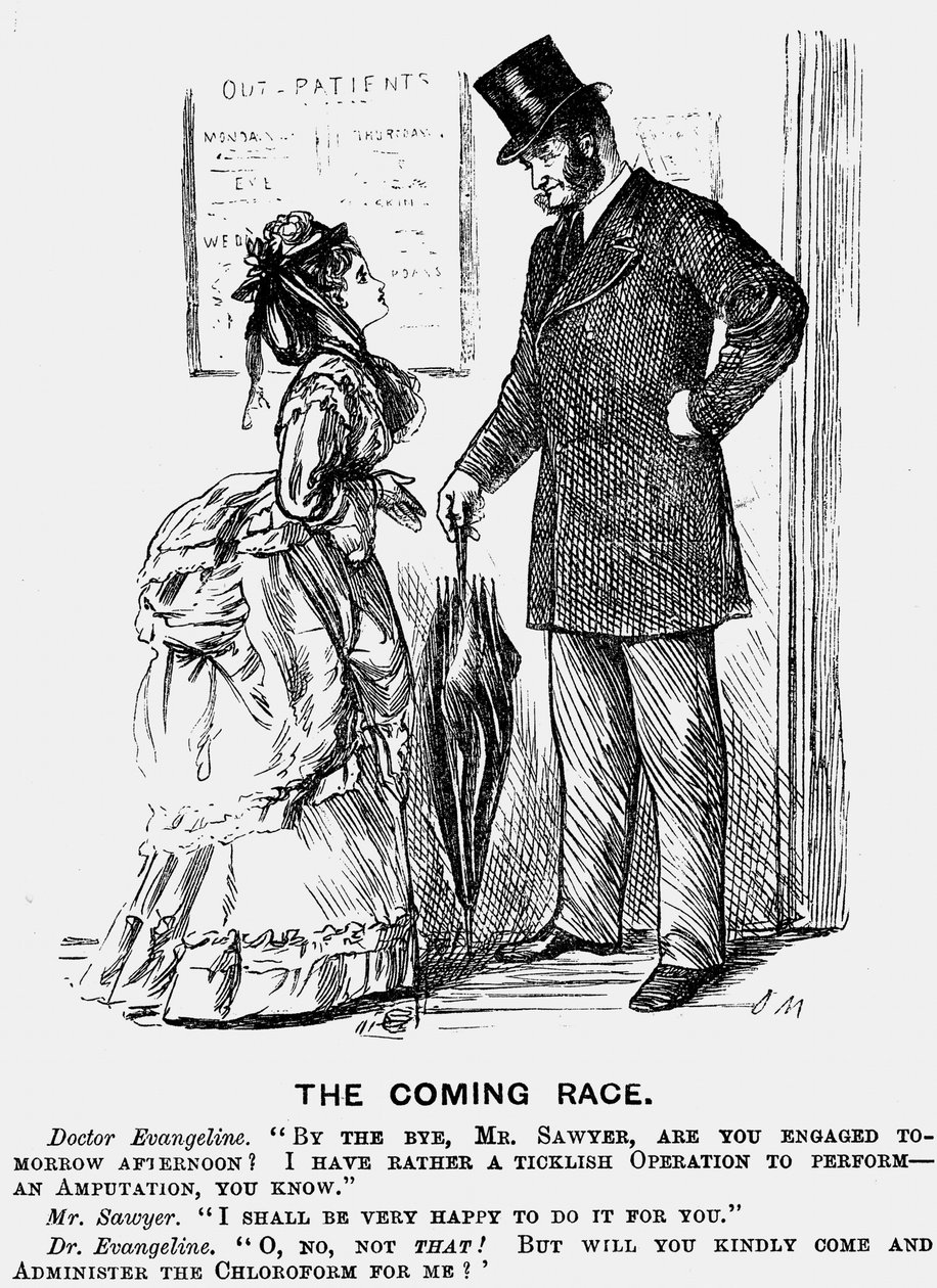 The Coming Race. The surgeon of the future. George du Maurier cartoon from Punch London 14 September 1872 showing the patronising attitude women in the medical profession could expect from male colleagues. Engraving. 作者 乔治·杜莫里耶