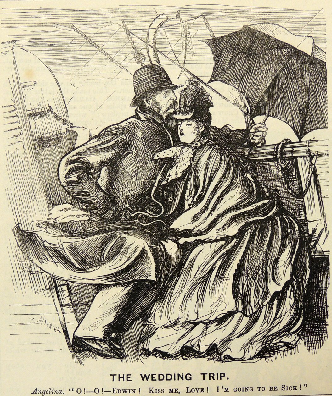 The Wedding Trip: Honeymoon couple suffering from seasickness while crossing the English Channel. George du Maurier cartoon from 