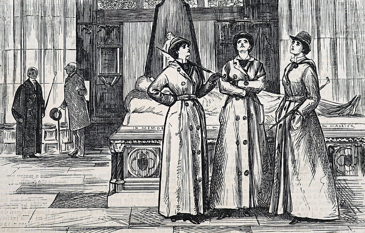 Three women wearing full length coats, in a museum 作者 乔治·杜莫里耶