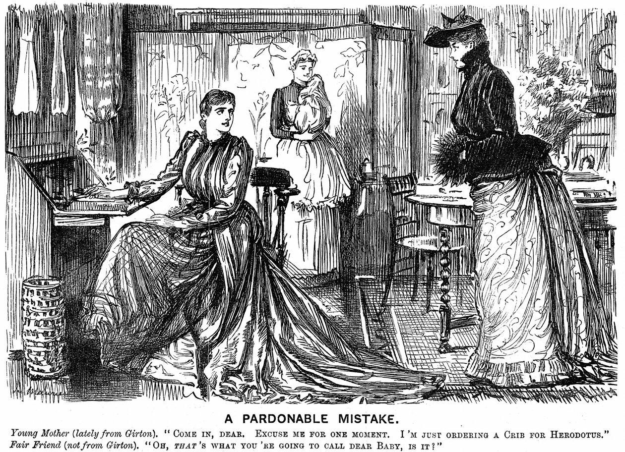 University education for women making their conversation confusing for their less educated friends. George du Maurier cartoon from Punch London 7 December 1889. Engraving 作者 乔治·杜莫里耶