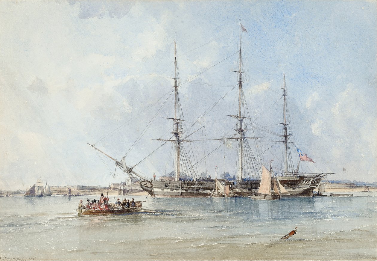 黑墙护卫舰Seringapatam在蒂尔伯里堡（Tilbury Fort）附近停泊 作者 乔治·钱伯斯