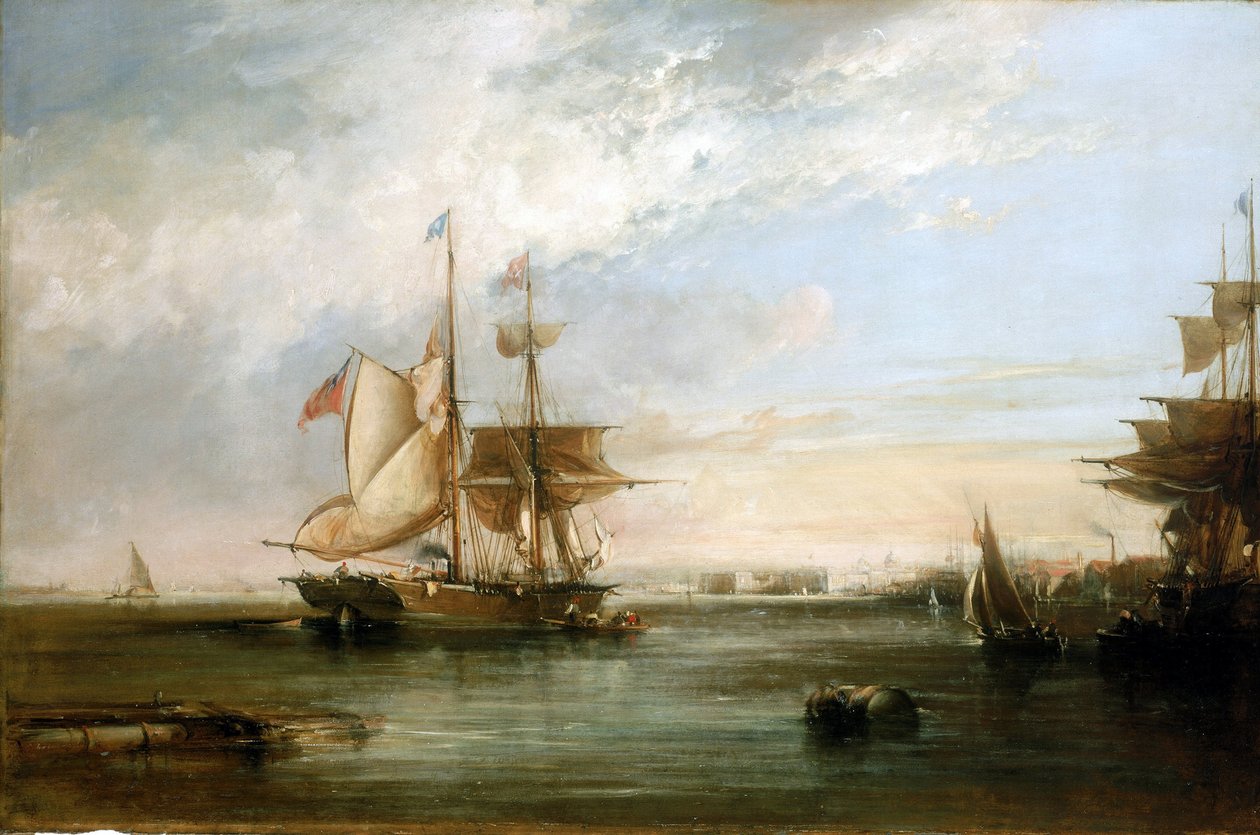 英国 Deptford 海岸外的游艇 "Isabel"。油画 作者 乔治·钱伯斯