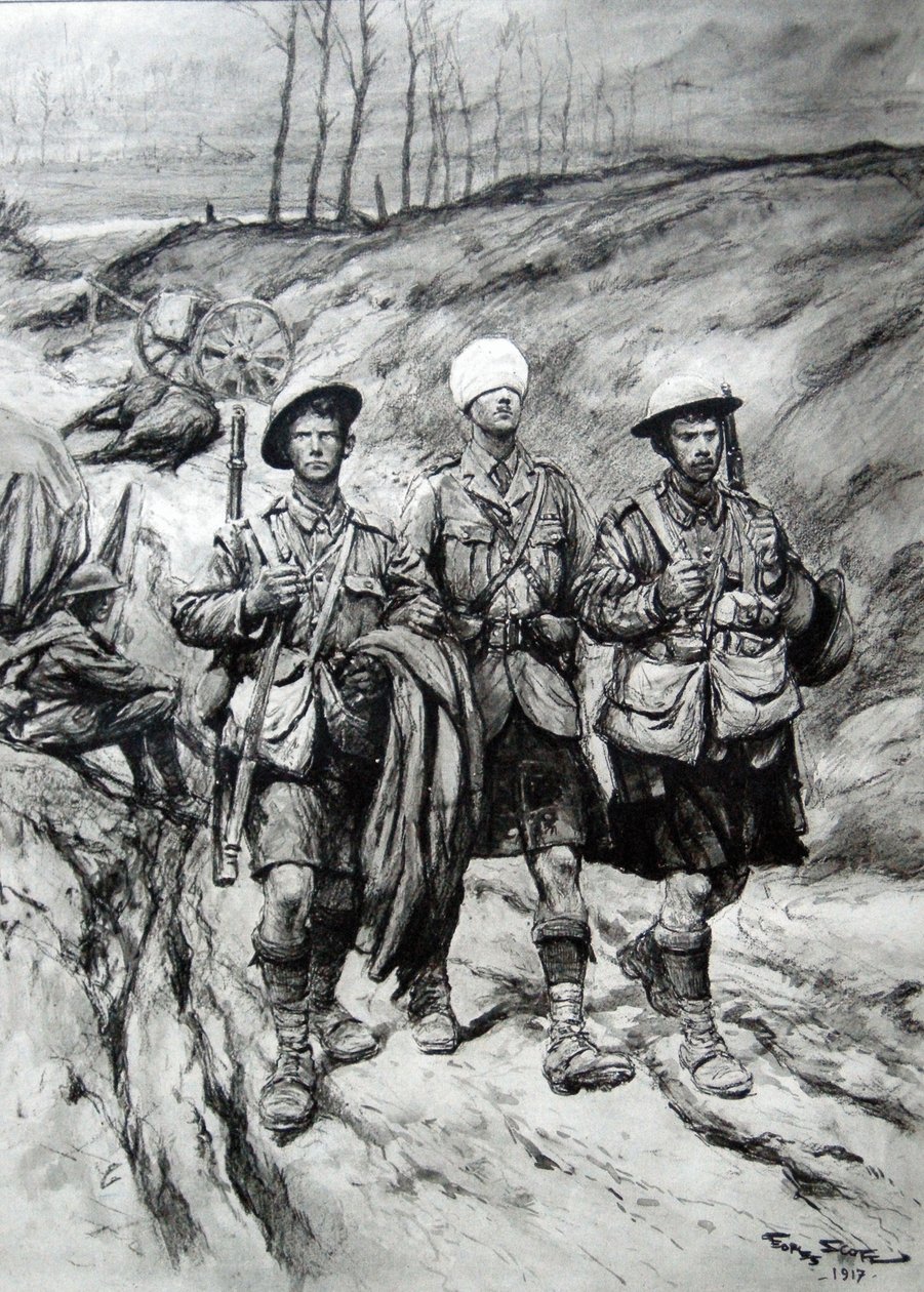 苏格兰士兵帮助受伤的军官，1917年 作者 乔治·贝尔汀·斯科特