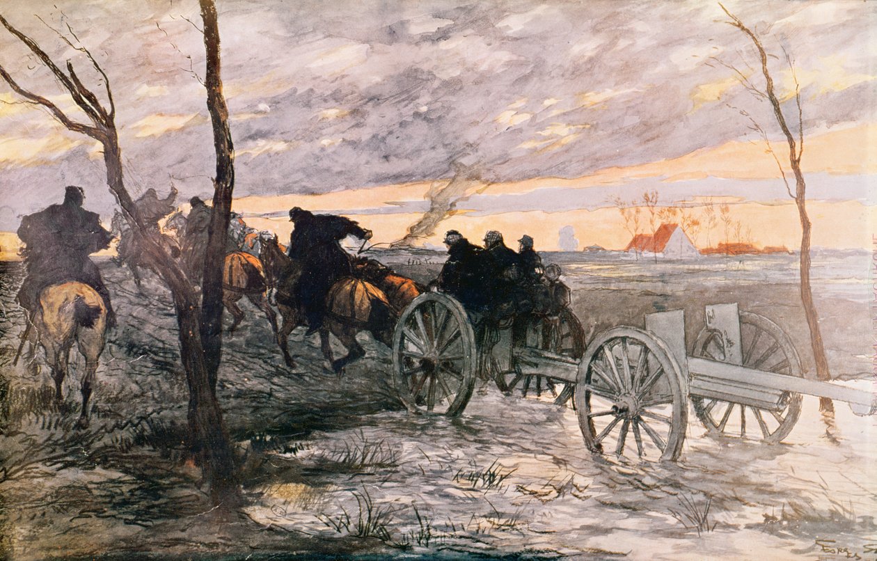 在Yser山谷的日落：75号大炮被推到战略位置，c.1914 作者 乔治·贝尔汀·斯科特