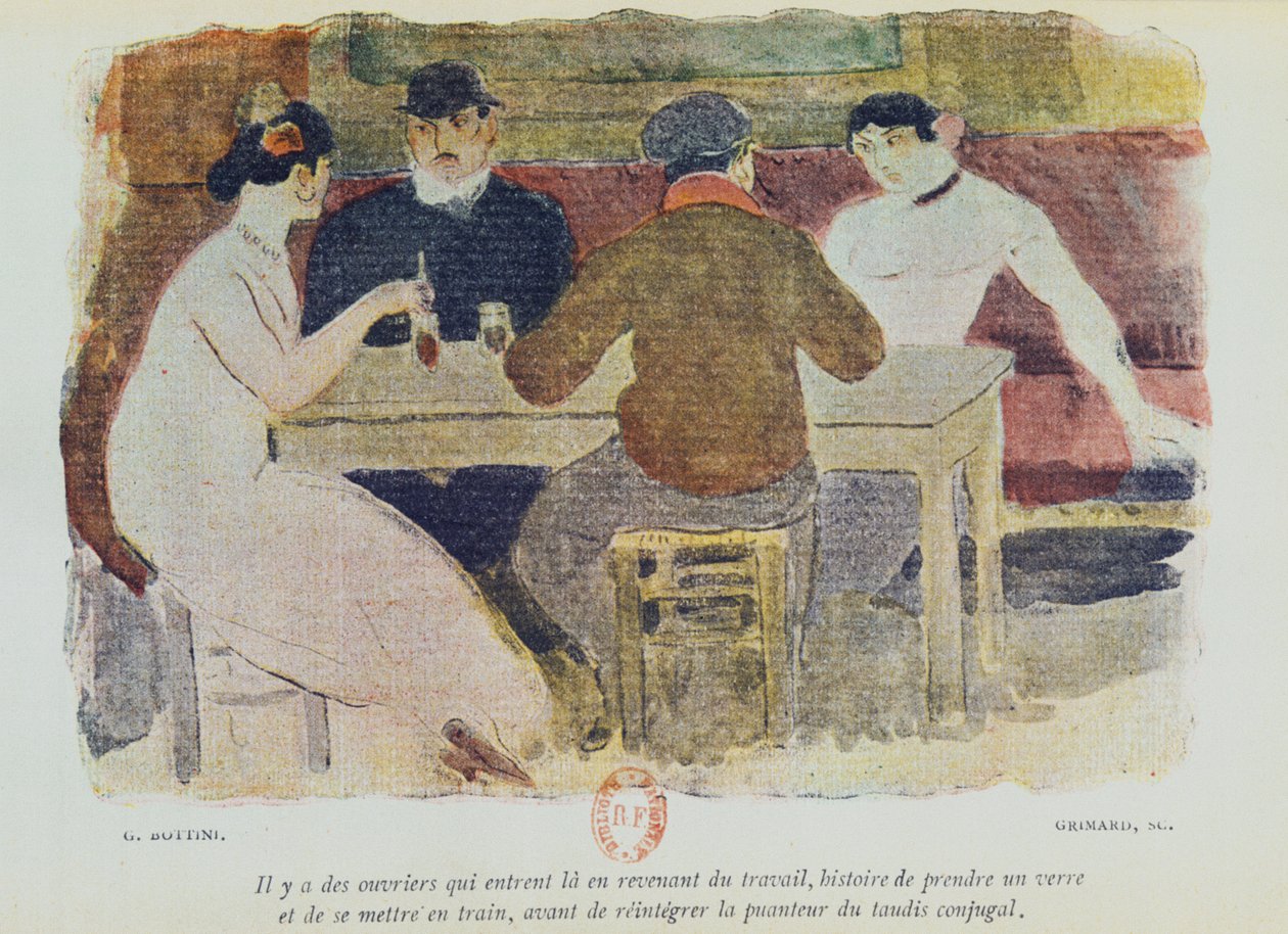工人喝酒，来自&39;La Maison Philibert&39;的插图由Jean Lorrain（1855-1906）于1904年出版 作者 乔治·博蒂尼