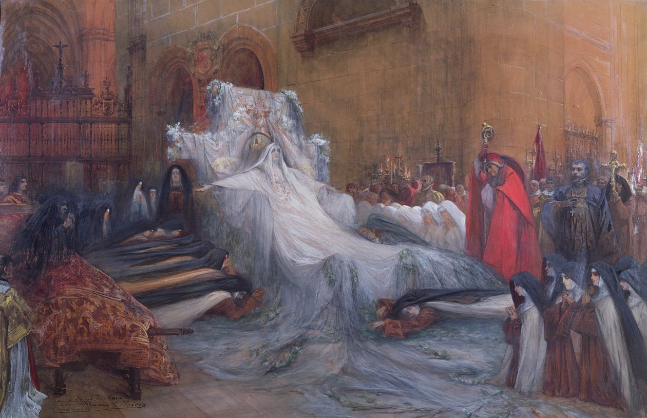 莎拉·伯恩哈特（Sarah Bernhardt）在门德斯（Mendes）的“La Vierge d&39;Avila”剧中饰演阿维拉的圣特雷莎（Saint Teresa），于1906年制作 作者 乔治克莱林