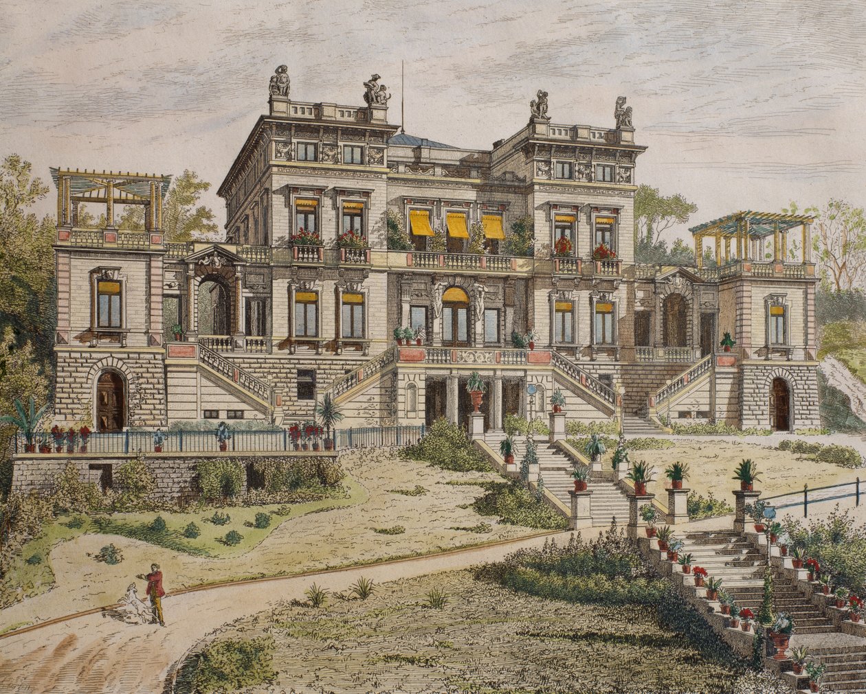 斯图加特附近的城堡，花园前面，插图来自&39;Le Moniteur des architectes&39;，1881年（彩色雕刻） 作者 乔治·费利克斯·加伦