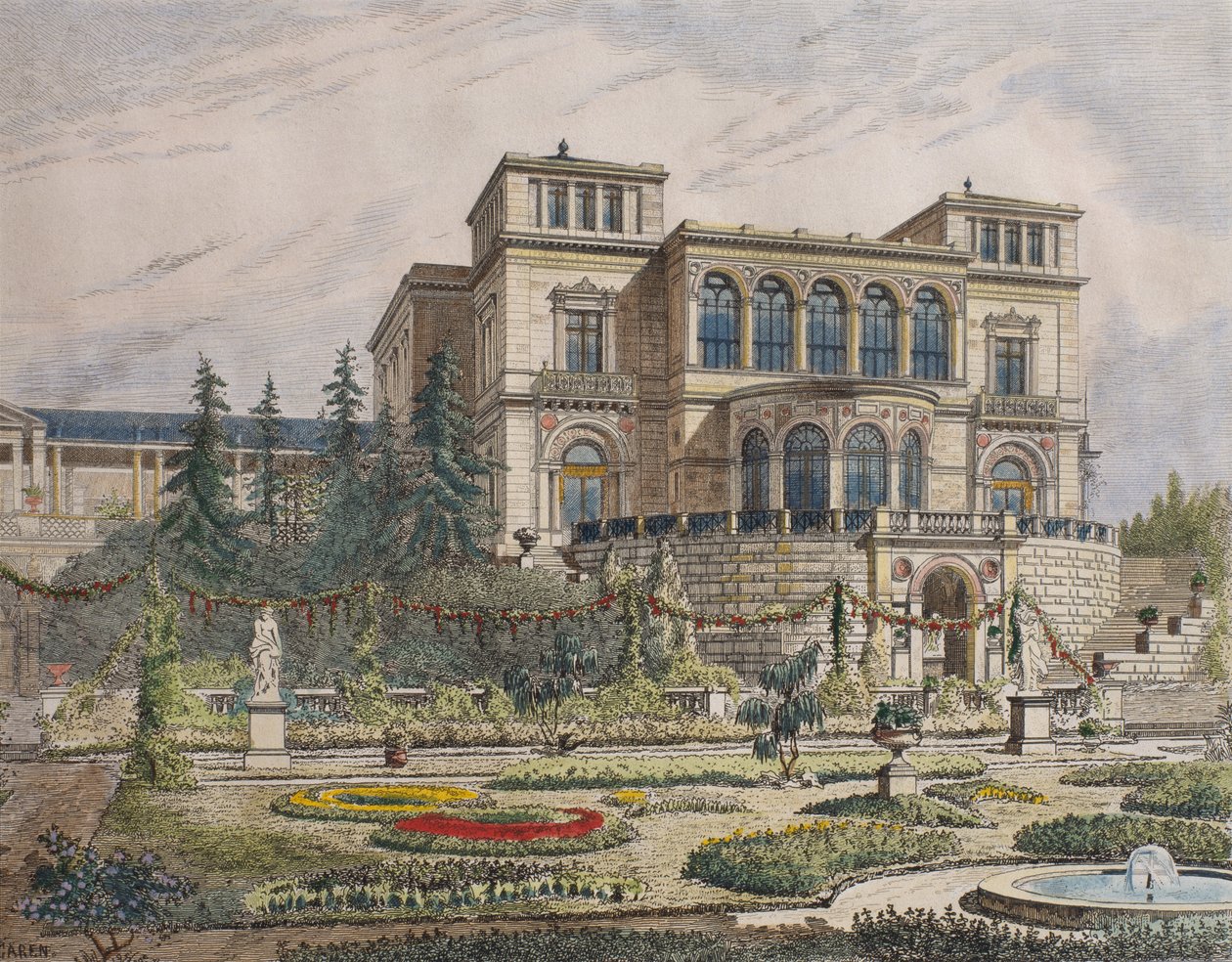 斯图加特附近的城堡，正面阳台，插图来自&39;Le Moniteur des architectes&39;，1881年（彩色雕刻） 作者 乔治·费利克斯·加伦