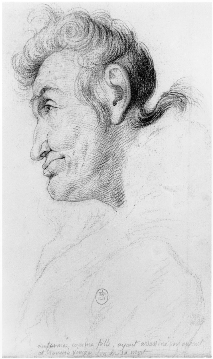 因为在艾莉安娜·多米尼克·埃斯科利尔（Jean Etienne Dominique Esquirol，1772-1840）关于Salpetriere的疯子的未发表的论文中的插图，她疯了，谋杀了她的情人并在她去世时找到了处女。 作者 乔治·弗朗索瓦·加布里埃尔