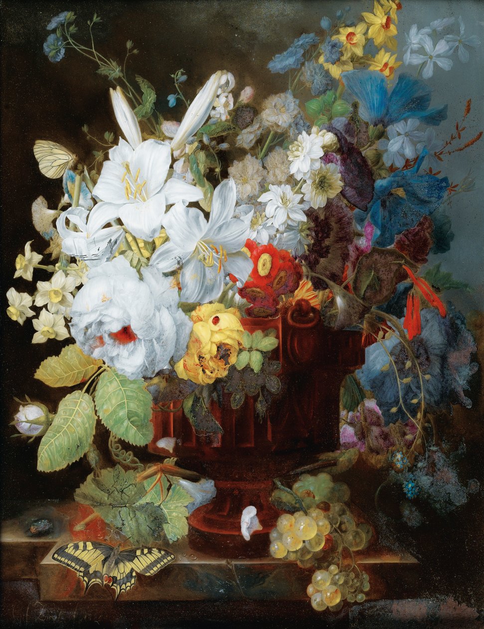 与花束的静物画在壁架的 作者 乔治·弗雷德里克·齐泽尔
