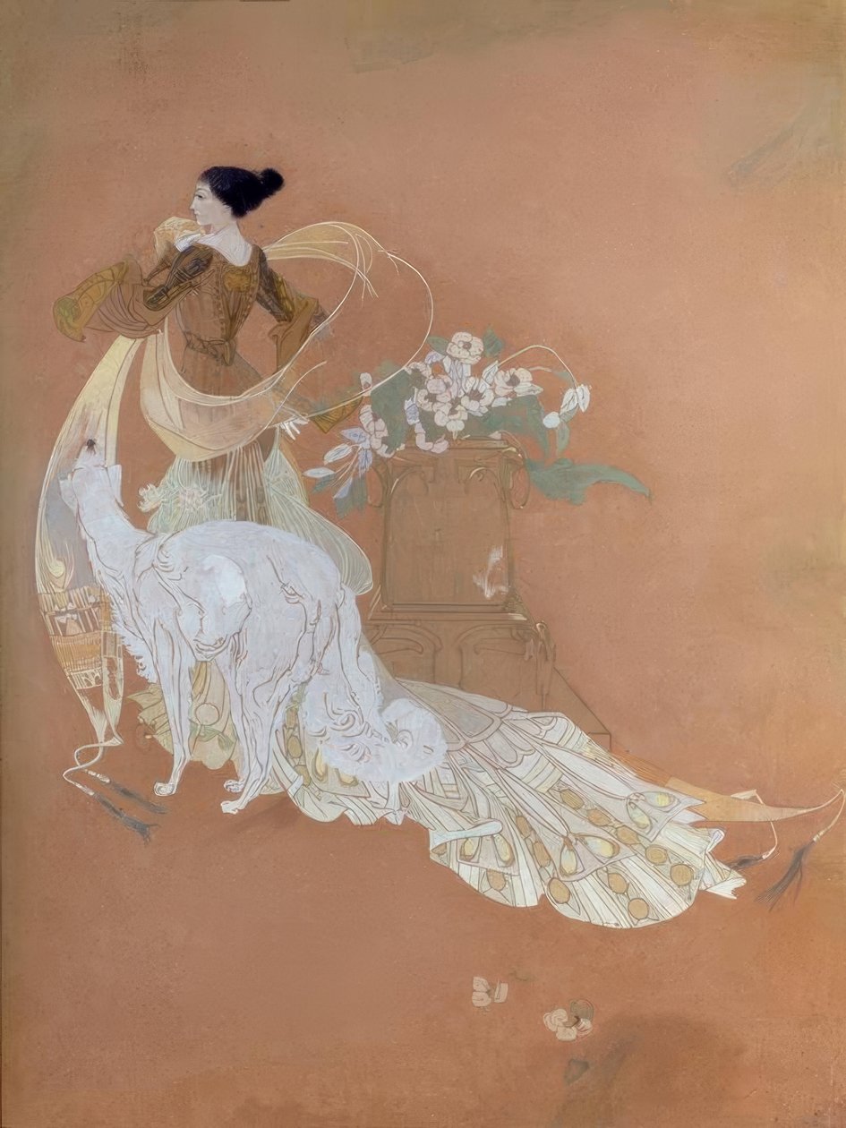乔治·德·菲尔（Georges de Feure），优雅的女士配巴索瓦（Barsoi）-水粉画 作者 乔治·德菲尔