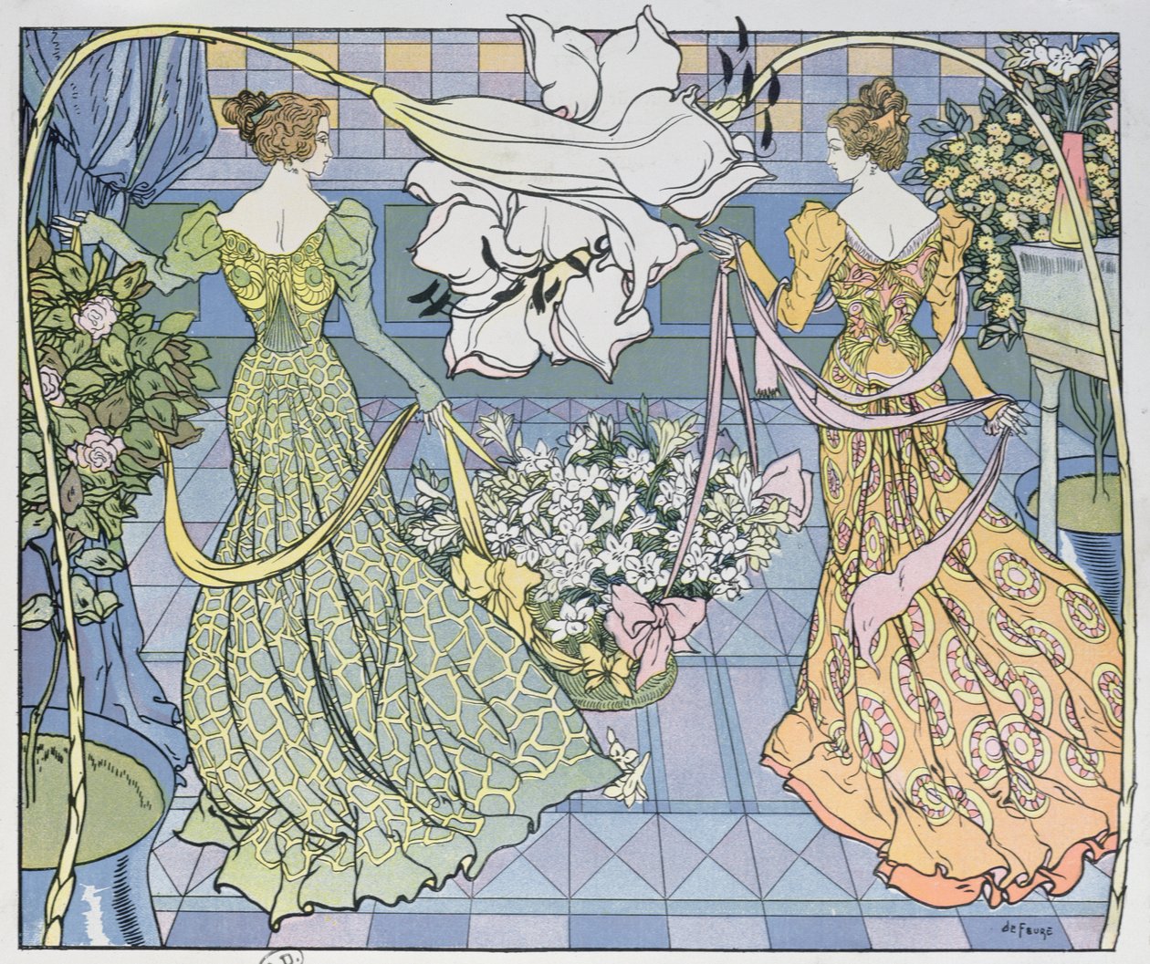 被鲜花包围的女人，c。 1900年（彩色雕刻） 作者 乔治·德菲尔