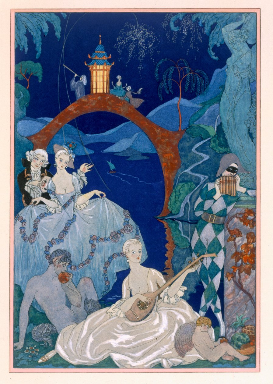 《蓝月下的舞会》，保罗·魏尔伦（Paul Verlaine，1844-96 年）为《Fetes Galantes》绘制的插图，1928 年出版（pochoir 印刷品） 作者 乔治（后）理发师