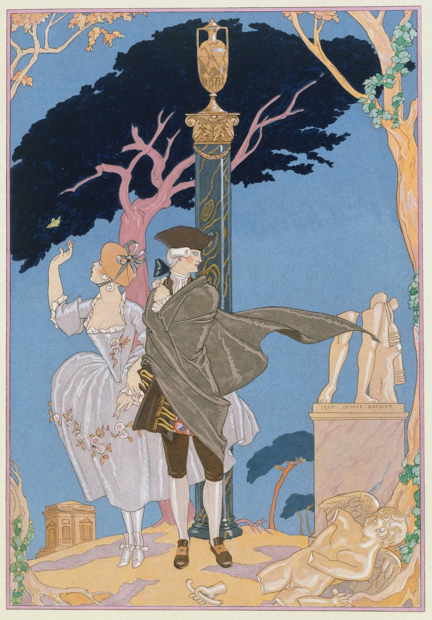 破碎的心，破碎的雕像，Paul Verlaine（1844-96 年）为“Fetes Galantes”绘制的插图，1928 年出版（pochoir 印刷品） 作者 乔治（后）理发师