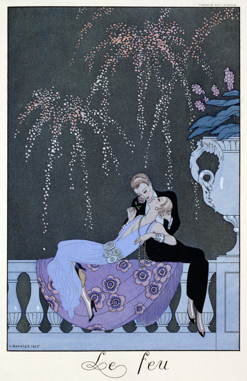 火》，保罗-魏尔伦（1844-96）1924 年创作的《Fetes Galantes》插图（pochoir 印刷品） 作者 乔治（后）理发师
