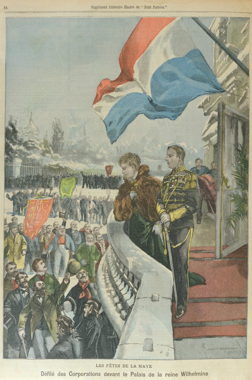 1901 年 2 月，荷兰威廉明娜女王与梅克伦堡的亨利公爵结婚前，海牙的公司游行（彩色石版印刷）。 作者 乔治（继）凯瑞