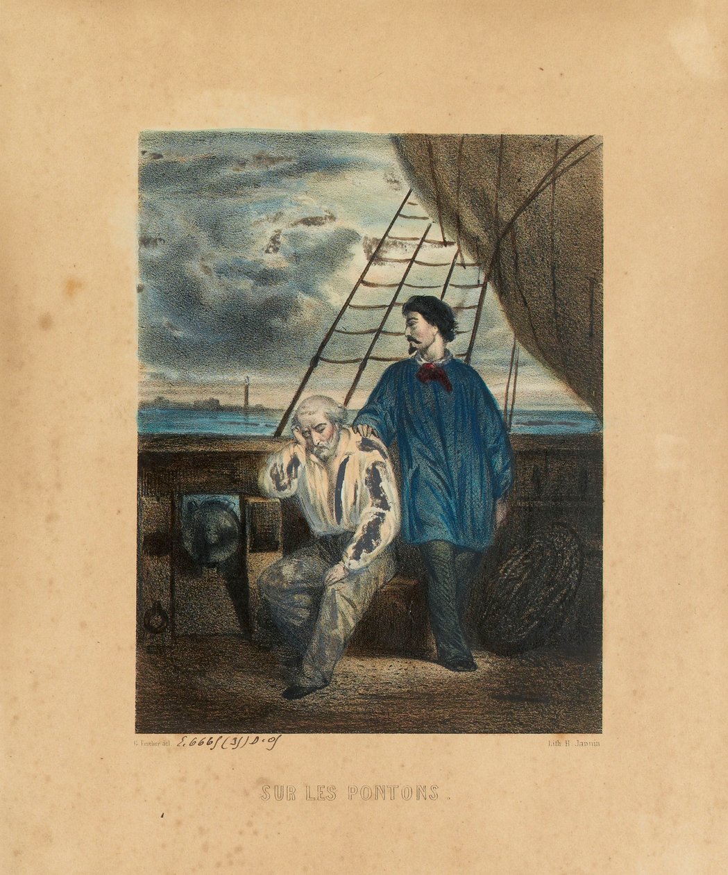 在浮桥上，由H. Jannin雕刻，1848年 作者 费希尔之后的乔治·亚历山大