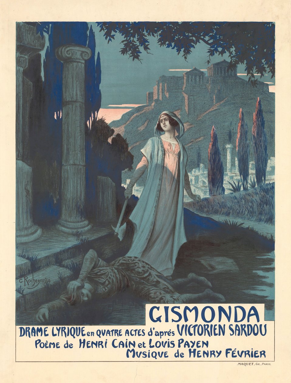 V. Sardou创作的戏剧《Gismonda》的海报，1919年。 作者 乔治·安托万·罗切格罗斯