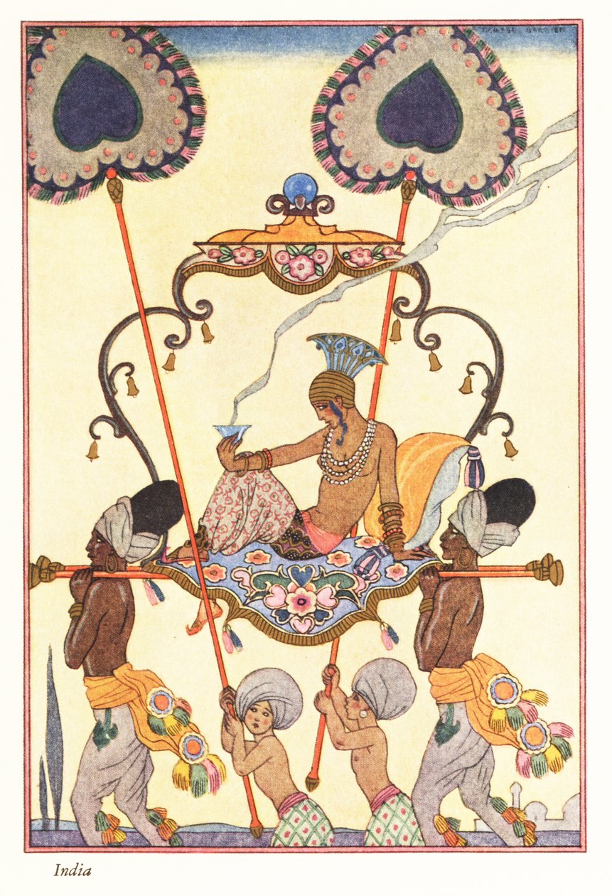 一位贵妇在轿子里烧香，古印度1928年（印刷） 作者 乔治理发师