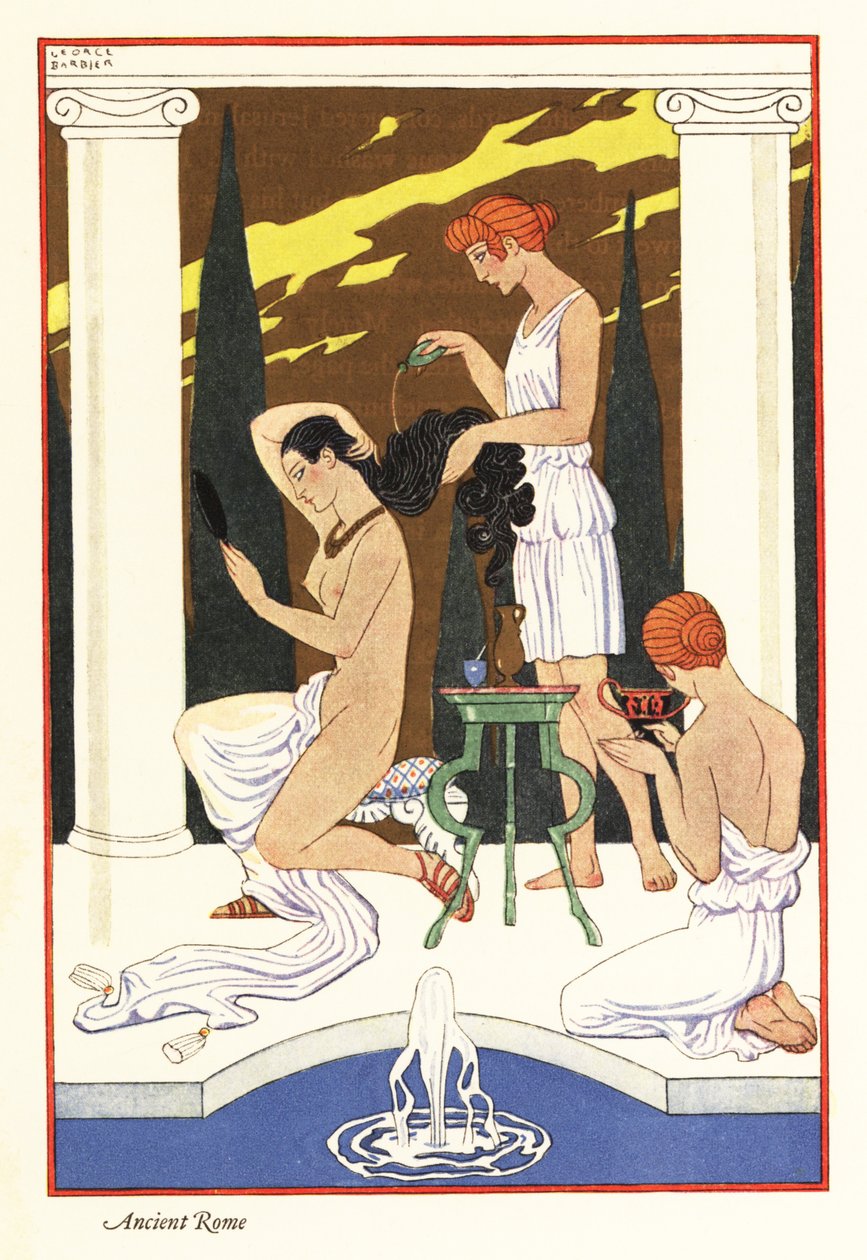 一名奴隶为女主人的头发涂抹香油，古罗马 1928 年（印刷品） 作者 乔治理发师